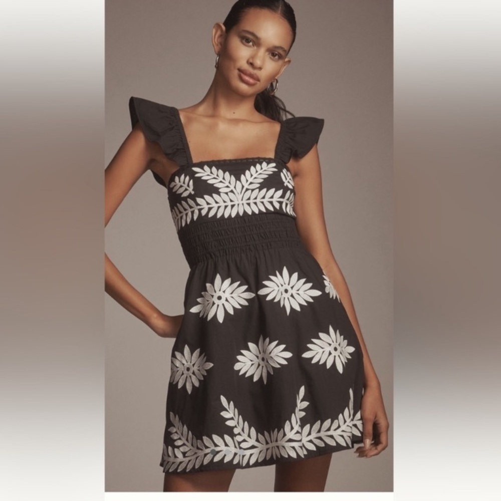 Anthropologie ruffle strap embroidered smocked mini dress size Large
